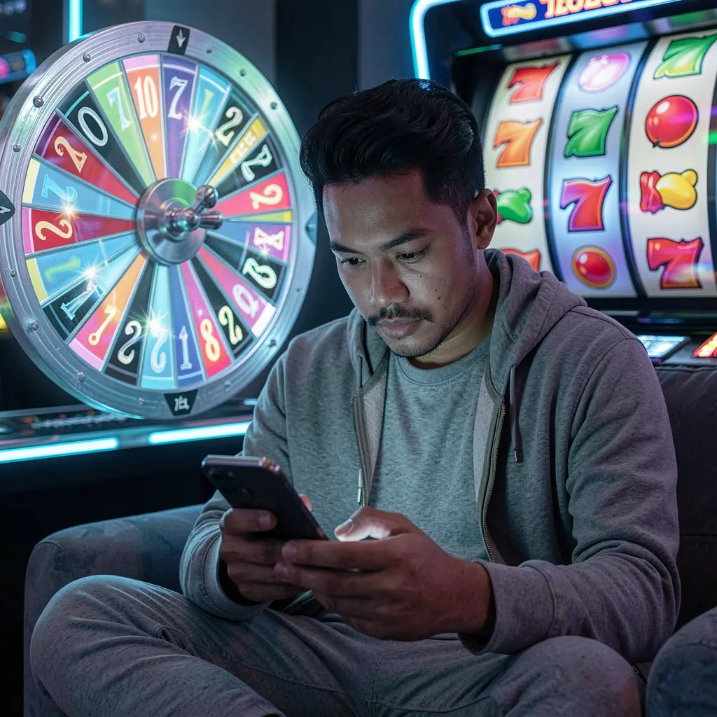 Stylish Indonesian man using the GGG888 casino app on his smartphone with a glowing roulette wheel and slot symbols behind him