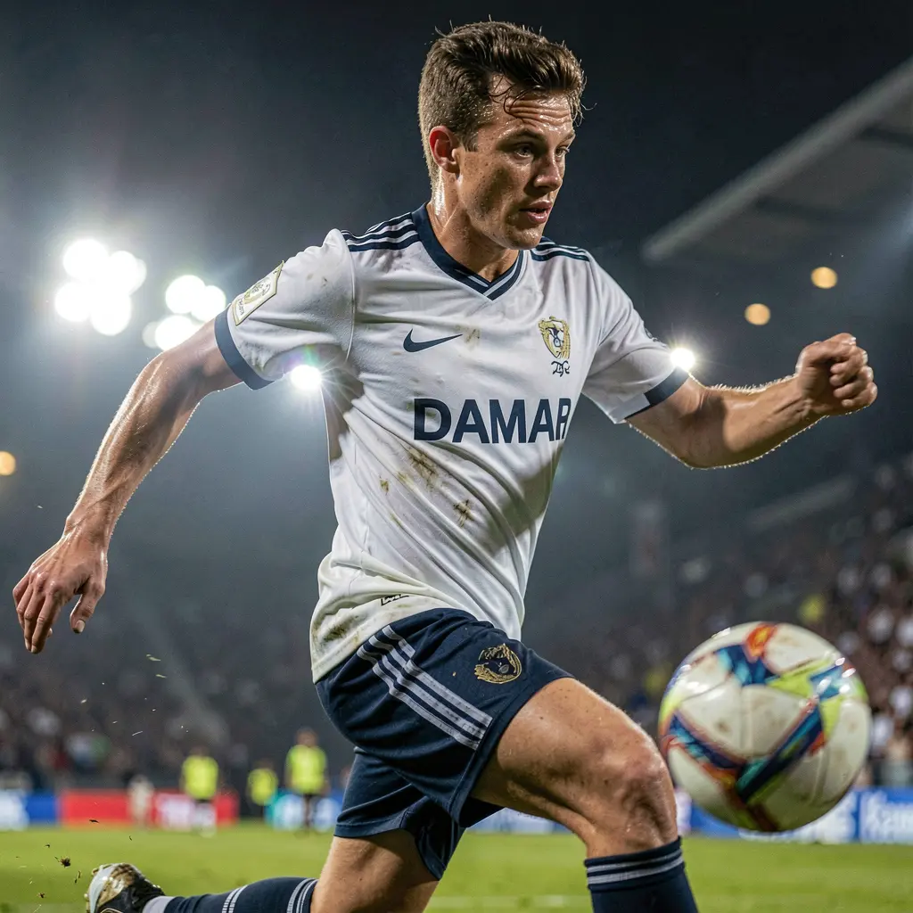 Dynamic moment in a professional soccer match with players fighting for the ball under bright stadium lights representing the high excitement of live betting on GGG888 in Indonesia