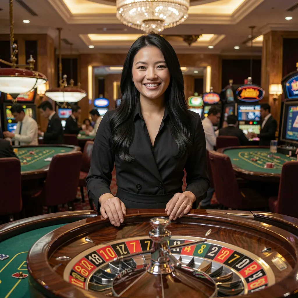 Professional live casino dealer in an elegant black outfit standing at a roulette table with bright casino lights representing the premium live gaming environment of GGG888 for Indonesia