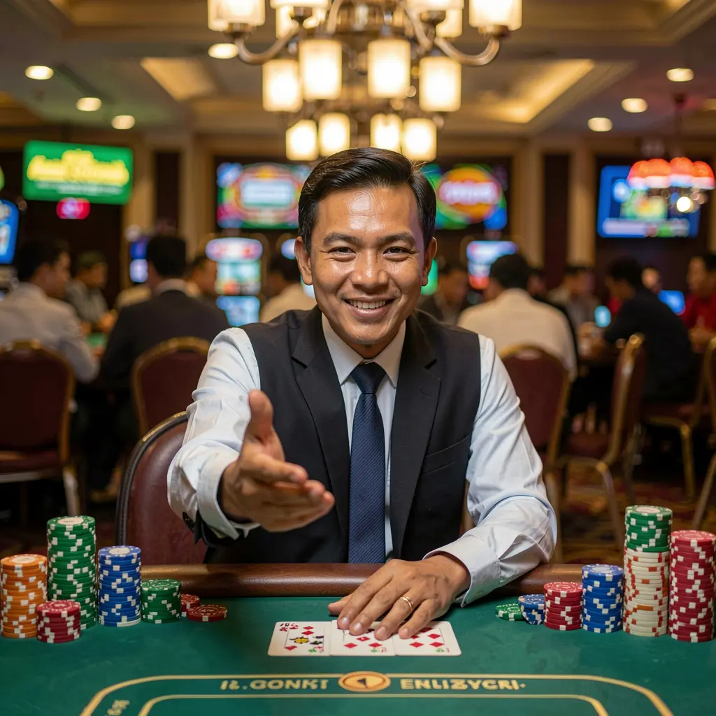 GGG888 Login – Enter your account and start winning with confidence in Indonesia Smiling Indonesian casino professional extending his hand forward with flying poker chips highlighting the trusted and engaging GGG888 login experience