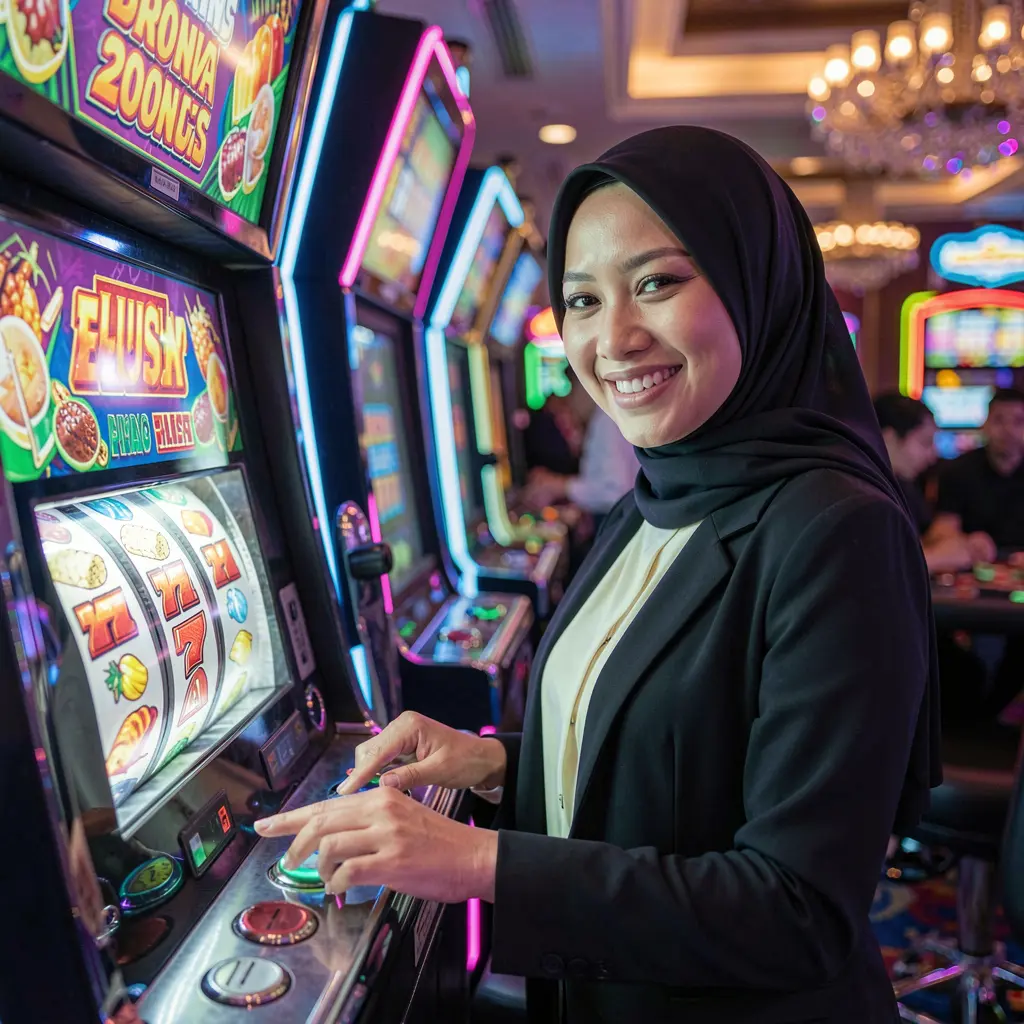 Indonesian woman enjoying vibrant online slot games with glowing reels and neon lights on the GGG888 casino platform